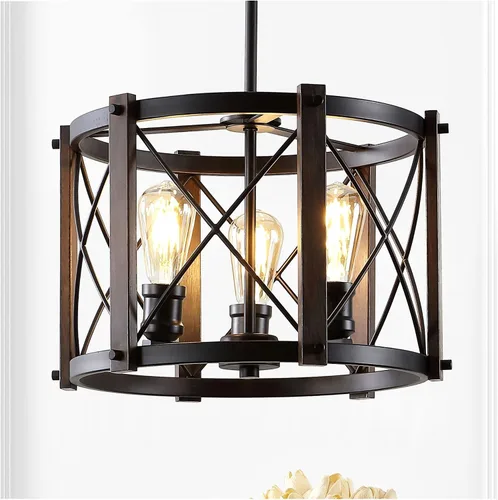 Miniatura 8 de JONATHAN Y Lámpara colgante de 16 pulgadas de bronce aceitado con 3 luces, lámpara LED regulable industrial para cocina, pantalla de cesta de metal