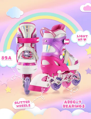 Miniatura 7 de SULIFEEL Patines en línea de unicornio arcoíris para niñas y niños, 4 tamaños, ajustables, con ruedas iluminadas, para niños principiantes C rosado