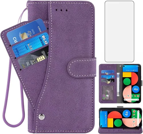 Asuwish Funda tipo cartera compatible con Google Pixel 4a 5G 6.2 y protector de pantalla de vidrio templado, soporte para tarjeta de crédito,