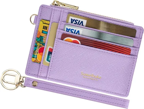 Miniatura 15 de Cartera delgada para mujer con bloqueo RFID para tarjetas de crédito, porta tarjetas tipo pulsera con cremallera para identificación, cartera