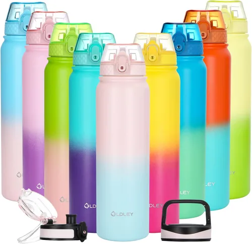 Miniatura 16 de Oldley Botella de Agua Aislada con Pajilla de 20oz, Botellas de Agua de Acero Inoxidable con 3 Tapas, Aislamiento al Vacío de Doble Pared Térmica