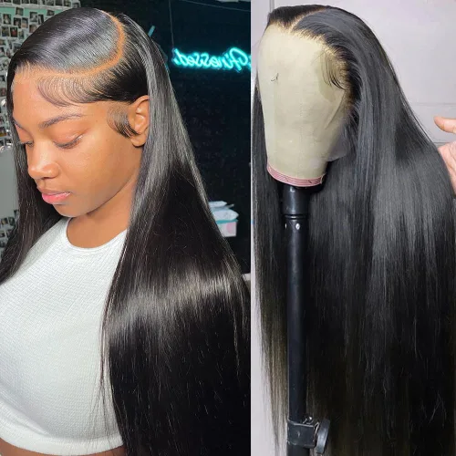 Miniatura 8 de Iris Queen Pelucas de cabello humano lacio HD 12A 13x4 con encaje frontal transparente de densidad 180 con cabello de bebé para mujer, color negro