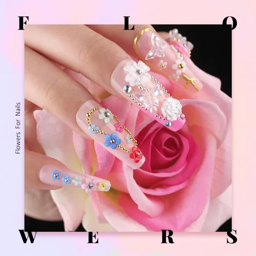 Miniatura 8 de Flores 3D para uñas, bonitos dijes de flores para uñas, kit de manicura con gel de pegamento de diamantes de imitación, pétalos acrílicos coloridos