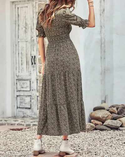 Miniatura 112 de BTFBM Vestidos para mujer, cuello redondo, casual, de verano, con volantes, manga corta, bohemio, con niveles, fruncido, largo, con estampado floral