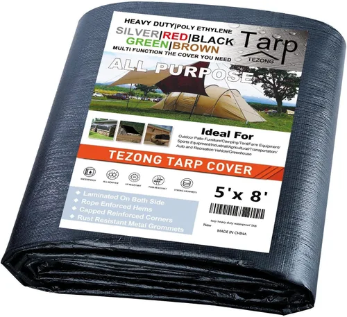 Miniatura 68 de Lonas resistentes impermeables de 4 x 5 pies, paquete de 2 lonas TEZONG negras de 0.472 in. de lona de plástico para exteriores para lluvia