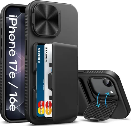 Funda para iPhone 16e tipo cartera, soporte integrado, tarjetero y cubierta para lente de cámara, protección de cuerpo completo, resistente, Negro