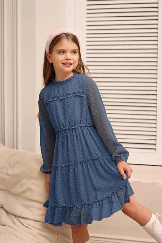 Miniatura 2 de GRACE KARIN Vestido escalonado con volantes para niñas, vestido acampanado de manga larga con lunares suizos, 6-12 años