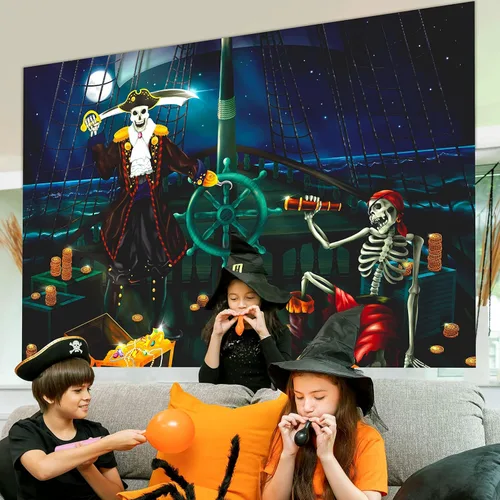 Miniatura 5 de Cheerland Telón de fondo de tela para fiesta de cumpleaños de pirata, decoración de Halloween, esqueleto de cráneo, piratas, pancarta de puerta