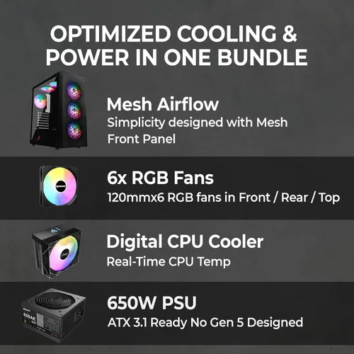 Miniatura 6 de RAIDMAX X921 Mesh Airflow ATX Mid Tower Funda para PC para juegos, 6 ventiladores de color RGB estáticos de 4.724 in preinstalados, panel lateral
