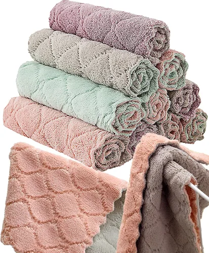 Paquete de 12 toallas de cocina de secado rápido, paños de cocina de terciopelo coral, paños reutilizables multiusos, paños de limpieza suaves