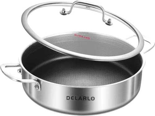 Miniatura 15 de DELARLO Sartén Salteadora Híbrida de Acero Inoxidable de Tres Capas de 10 Pulgadas, 3QT Sartén de Chef para Cocinar, Anti-Rayones, Compatible