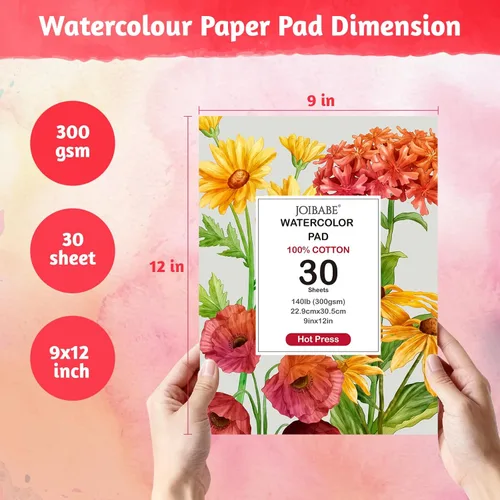 Miniatura 3 de Bloc de papel de acuarela, 30 hojas de prensa en caliente de 9 x 12 pulgadas, 140 lb/300 GSM, almohadilla de color de agua desgarrable 100% algodón