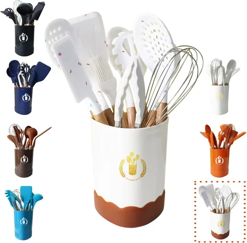 Color Dots - Juego de utensilios de cocina de silicona, 11 piezas, mango de madera, resistente al calor, antiadherente, seguro para utensilios de