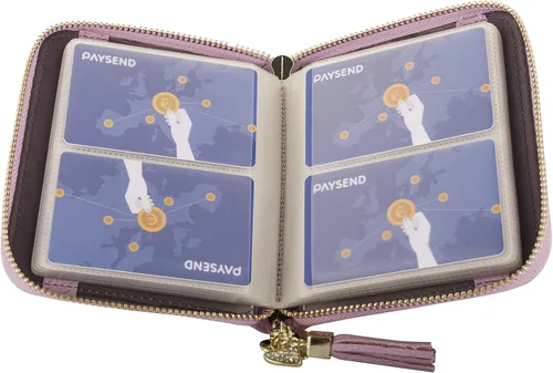 Miniatura 6 de Cartera con tarjetero RFID para tarjetas de crédito, de cuero, con cremallera, para mujer, 40 ranuras para tarjetas, Púrpura, Compacto