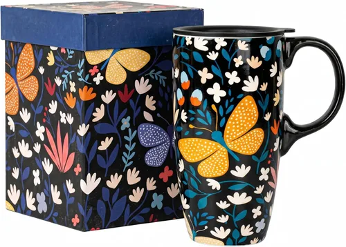 Miniatura 12 de DUSVALLY Taza de Café de Cerámica Taza Alta con Tapa, Taza de Té de Porcelana con Asa para Café con Leche, Capuchino y Cacao, Tazas de Café