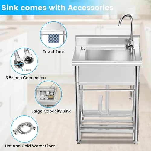 Miniatura 4 de Lafati Fregadero de acero inoxidable – Fregadero de cocina independiente de un solo tazón certificado NSF con agua fría y caliente para granja