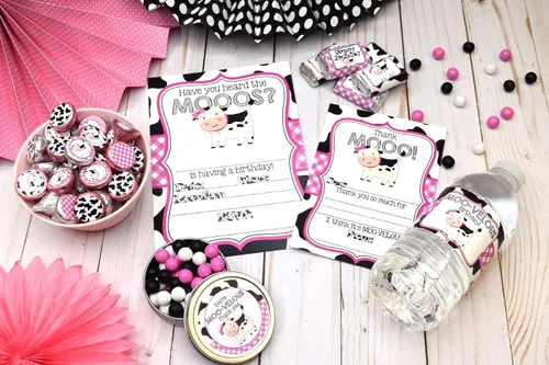Miniatura 4 de El paquete de fiesta de cumpleaños de vaca rosa de Heard the Moos incluye 20 invitaciones y tarjetas de agradecimiento con sobres + calcomanías