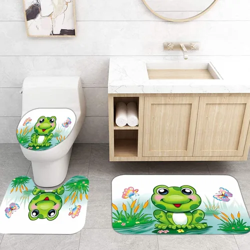 Miniatura 6 de Juego de 4 cortinas de ducha con diseño de rana divertida color verde con tapete de baño, diseño de rana en hojas, tapete de baño para niños, tapete