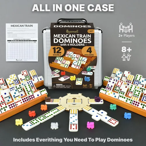 Miniatura 7 de Juego de Dominó Tren Mexicano con 4 Soportes - Dominó Doble 12 con Centro de Madera y Soportes para Fichas - Juego de Dominó Doble 12 para Noche