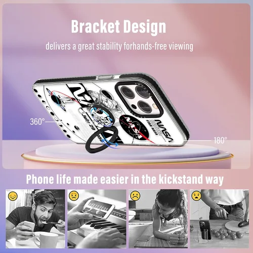 Miniatura 6 de Toycamp Funda para iPhone 13 Pro Max Blanca Con soporte de anillo, lindo astronauta, divertido diseño de dibujos animados, para niñas
