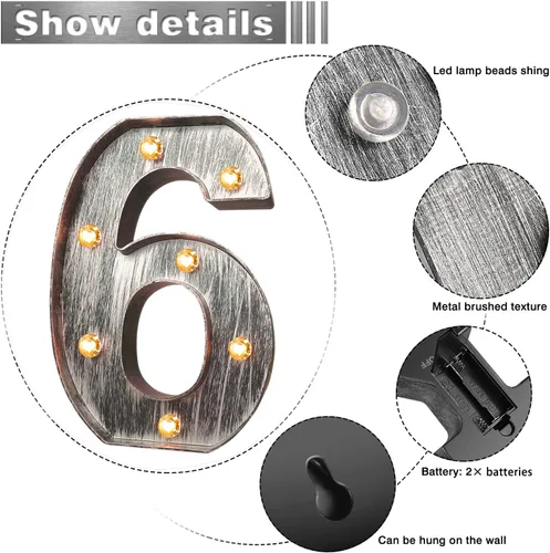 Miniatura 4 de Glintee Número de luces LED de color gris plateado cepillado para luz nocturna, boda, fiesta de cumpleaños, lámpara de Navidad alimentada por
