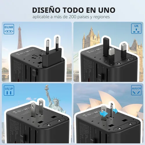 Miniatura 4 de EPICKA Adaptador de viaje universal, adaptador de enchufe internacional GaN con 3 USB-C de carga rápida PD de 70W y 2 USB-A todo en uno cargador