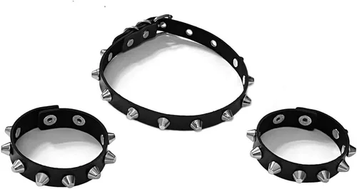 Miniatura 6 de Tosmifairy 3Pcs Leather Goth Jewelry Choker and Bracelets Set Punk Cosplay Costume Accessories for Women Men Teen Girls