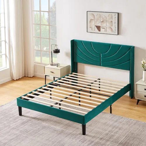 Miniatura 5 de VECELO Base de cama tapizada tamaño Queen con cabecera de tela, soporte de listones de madera, no necesita somier, base de colchón, color verde