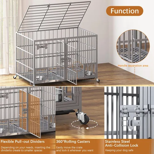 Miniatura 3 de aboxoo Jaula de metal resistente para perros de 42/48 pulgadas para 2 perros/perros grandes, parte superior abierta de metal, perrera
