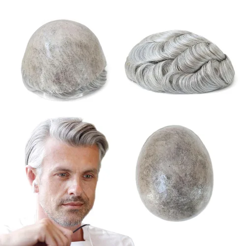 HAIR NATURE Toupee para hombres, Sistemas de reemplazo de cabello humano, Unidades de cabello real para hombre Poly Skin inyectado Grey Hairpieces