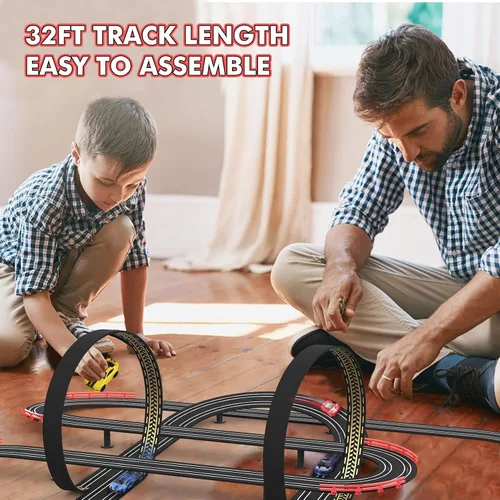 Miniatura 3 de Sets de pista de carreras de coches de ranura de 32 pies con alimentación eléctrica para niños y niños, carreras dobles con 4 coches de alta