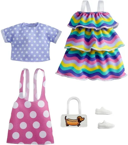 Barbie Fashions - Juego de ropa de 2 unidades, 2 muñecas que incluyen jersey de lunares rosa, parte superior de lunares morados, vestido a rayas y 2
