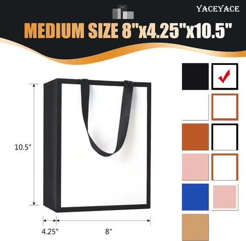 Miniatura 3 de Bolsas de regalo blancas y negras de tamaño mediano, 10 unidades de 8 x 4.25 x 10.5 pulgadas, papel kraft biodegradable, asas de cinta, perfectas