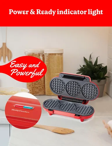 Miniatura 4 de Betty Crocker Mini máquina de gofres múltiple, aparato de cocina de 1200 W para el hogar y la cocina, hace 3 gofres a la vez, revestimiento