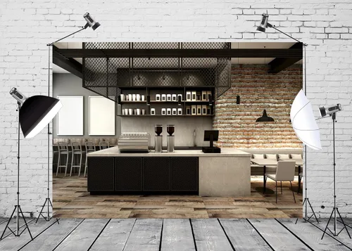 Miniatura 4 de BELECO Telón de fondo de tela de 5 x 3 pies para fotografía, diseño moderno de loft, luces interiores de mostrador, decoración de pared de ladrillo