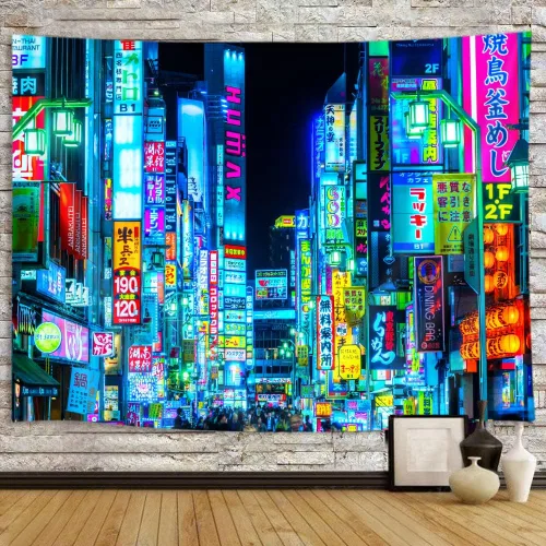 Miniatura 2 de iTapnoom Tapiz de anime japonés de neón punk, ciudad futurista, tapiz para colgar en la pared para hombres y niños, dormitorio, futuro fresco