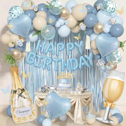 Miniatura 2 de Amandir Blue Birthday Decorations for Women, Light Dusty Blue White Sand Metallic Gold Confetti Foil Balloons Happy Birthday Banner Butterfly Fringe