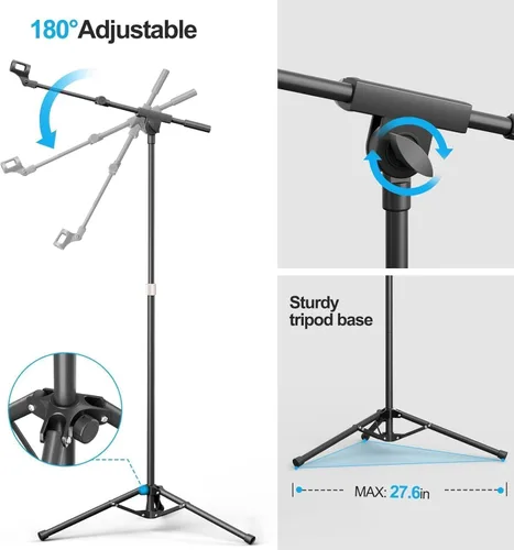Miniatura 8 de Soporte de micrófono con brazo de brazo, trípode resistente, soporte de suelo ajustable con bolsa de transporte y 2 clips de micrófono para cantar