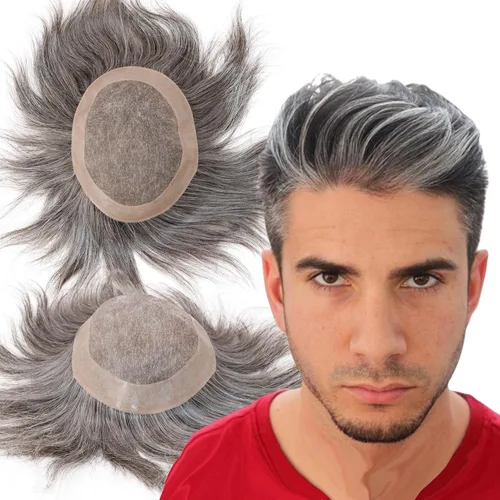 Miniatura 24 de Toupee - Sistema de reemplazo de cabello humano virgen europeo de 7 x 9 pulgadas para hombre, postizo de encaje mono con poliuretano duradero #2