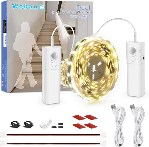 Miniatura 16 de WOBANE Tira de luz LED activada por doble movimiento, tira de luz recargable de 16.4 pies, luz de cinta alimentada por batería para debajo