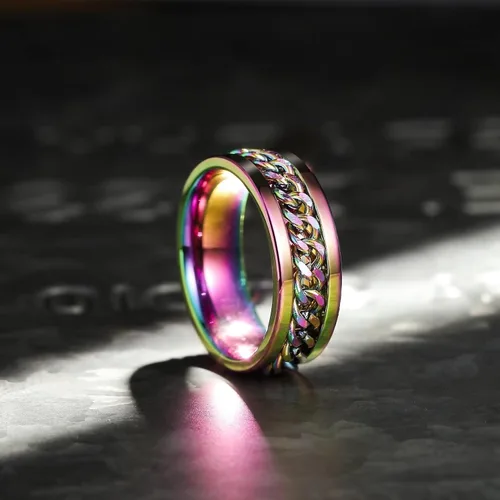 Miniatura 117 de King Will - Anillo antiestrés de acero inoxidable 316L para hombres y mujeres, con cadena decorativa giratoria, 8 mm de ancho, anillo de boda