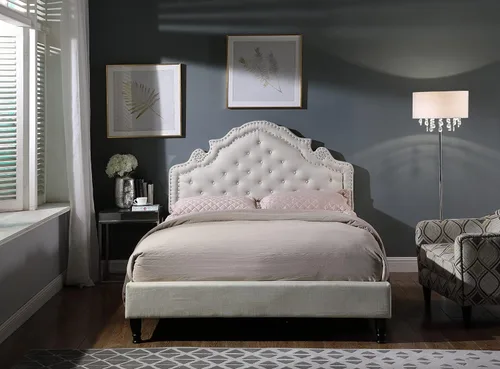 Base de cama de plataforma tapizada completa con cabecera de 51 pulgadas de alto, cama de tela con botones, soporte de listones de madera con Beige