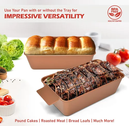 Miniatura 5 de PERLLI Molde para pan de carne con bandeja de goteo, 2 unidades, 9.8 x 5.7 pulgadas, sartén antiadherente de cobre para pastel de carne con bandeja