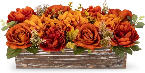 Miniatura 20 de DILATATA Arreglo floral con jarrón de madera, flores artificiales de 10 pulgadas en maceta, flores falsas en jarrón rectangular de madera blanco