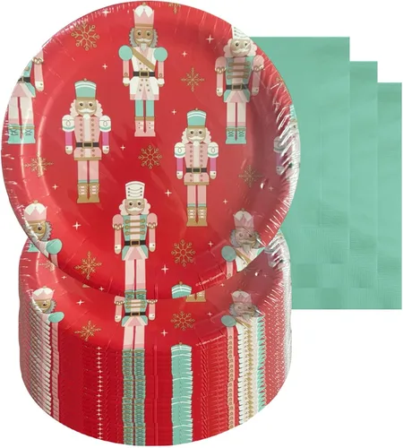 Miniatura 25 de Suministros para fiestas navideñas - Platos de postre de papel, servilletas para bebidas y tenedores de aldea navideña de invierno (para 16 personas)