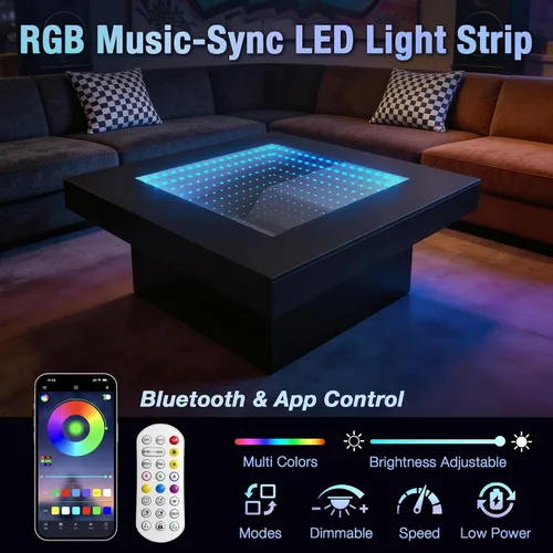 Miniatura 8 de FKWin Mesas de centro modernas negras – Mesa de centro cuadrada con espejo de profundidad infinita con luces LED, mesa negra para sala de estar