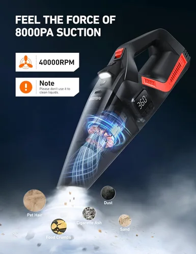 Miniatura 5 de AstroAI - Aspiradora de coche 4 en 1 y compresor de aire para neumáticos portátil con accesorios, pantalla digital de doble valor, 150 PSI, bomba
