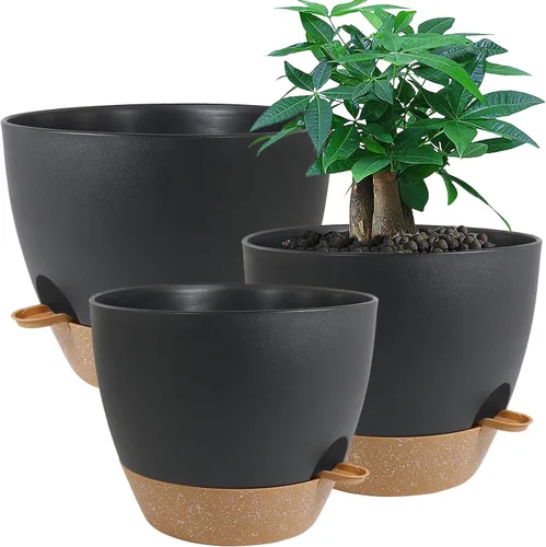 Miniatura 9 de UOUZ Macetas grandes de riego automático, macetas de plástico 12/10/9 con agujeros de alto drenaje y depósito profundo para plantas y flores de Negro
