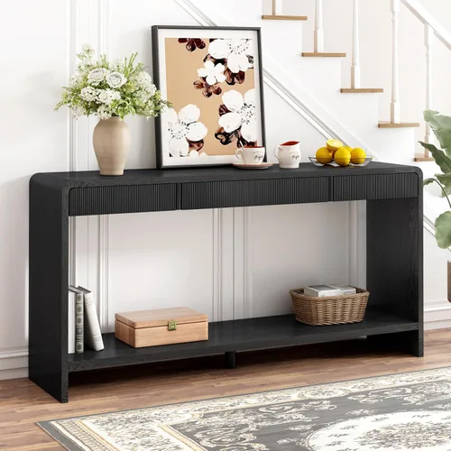 Miniatura 16 de Knocbel Mesa consola con 2 cajones ranurados, mesas de sofá modernas con curvas redondeadas únicas y superficie lisa para sala de estar, entrada, 55