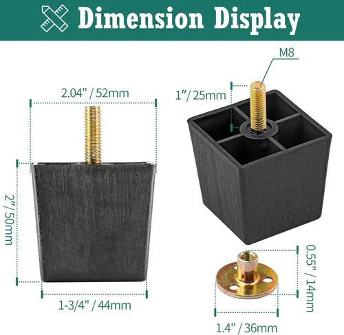 Miniatura 4 de Pernos de rosca métrica M8-1.25, patas de plástico para muebles, patas de sofá cuadradas negras de 2 pulgadas con tuercas de placa, repuesto